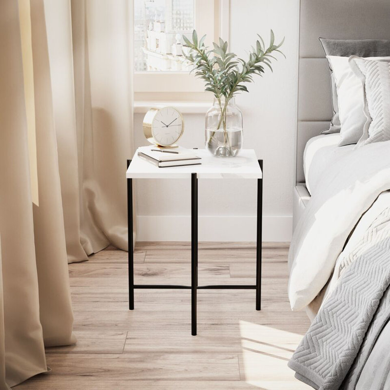 Set of 2 Pcs Marble Effect Tops Round Side End Coffee Table Metal Frame, White
