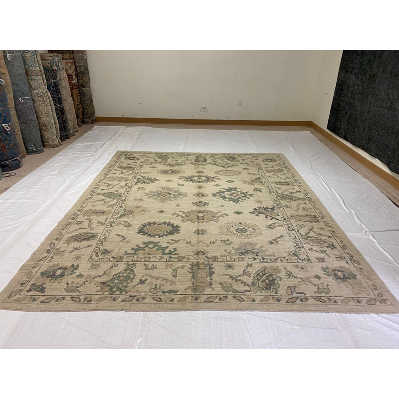 Tapis unique en laine noué à la main ivoire / gris de 8 pi 9 po x 10 pi 11 po One-of-a-Kind