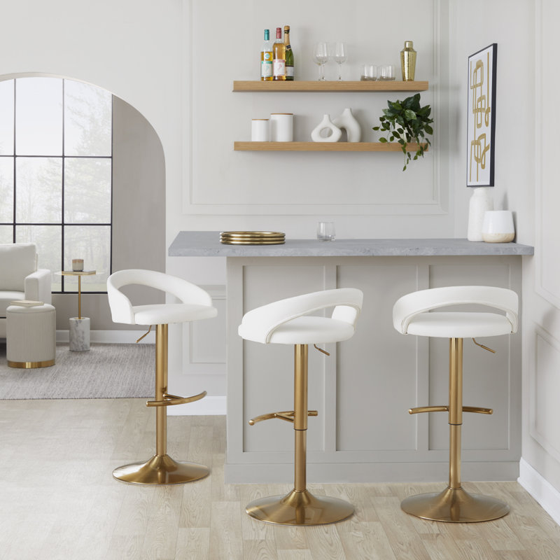 Tabouret de bar Laurenzio, Simili cuir blanc, Ensemble de 3, Doré