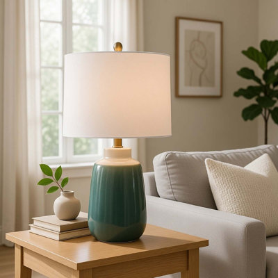 Lampe de table, corps de pot, abat-jour en lin rigide, céramique vert jardin trempé