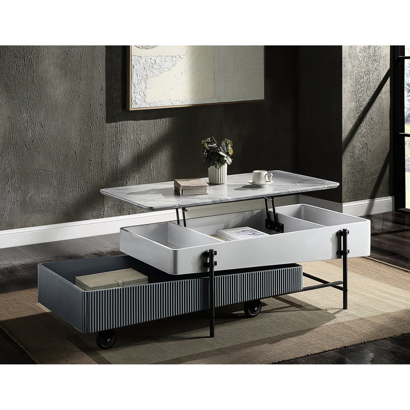 Table basse contemporaine grise et blanche avec mécanisme de levage et système de rangement efficace