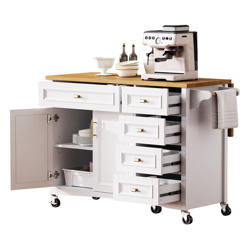  52" Kitchen Island with Drop Leaf, Rolling Kitchen Cart with Storage Cabinet, Spice Rack, Towel Rack, Adjustable Shelf, Blue Grey