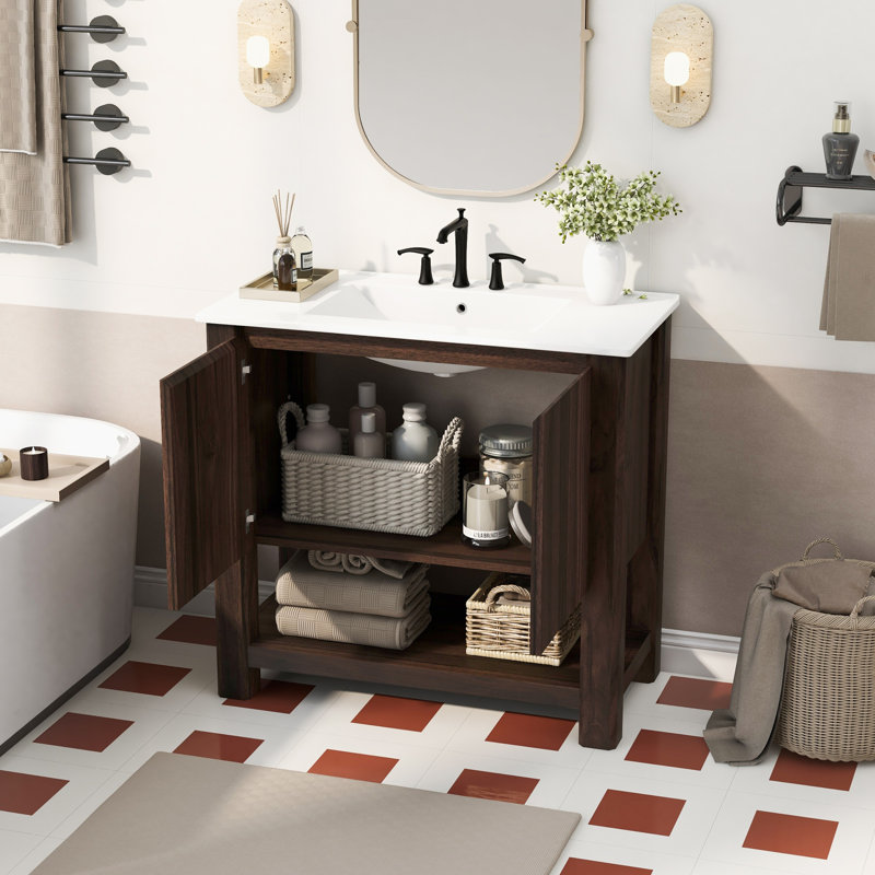 Meuble-lavabo moderne 35,5 po avec lavabo rectangulaire en céramique, Brun antique