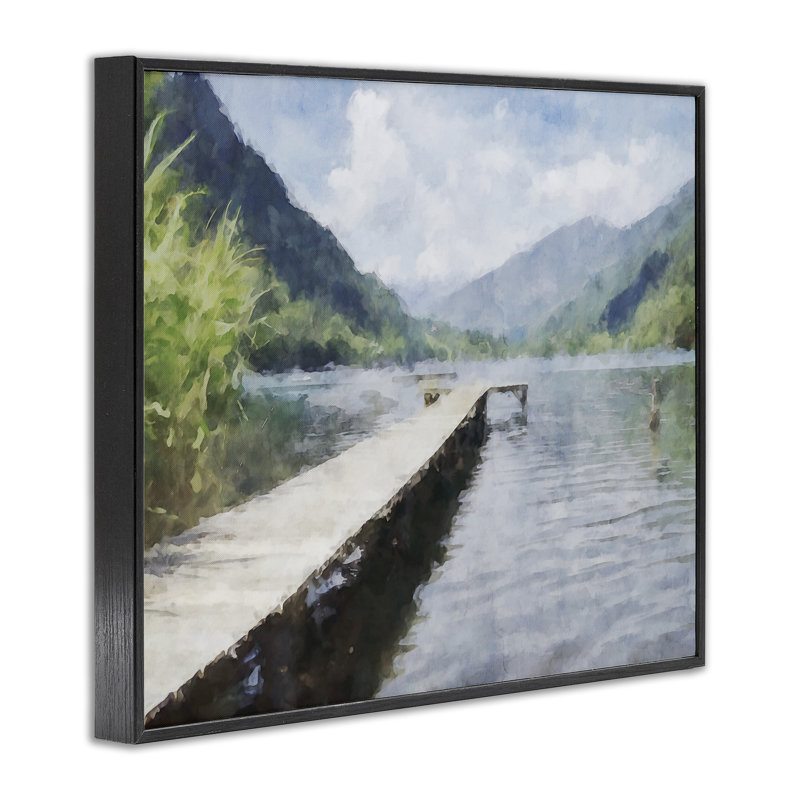 Giclée encadrée de Dappled Lake Dock, design par Kim Curationa, H 24 po x l 30 po, Giclée noire de minuit encadrée