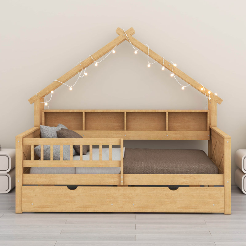 Lits plateforme en bois avec DEL, tablettes de rangement, tiroirs et garde-corps, Naturel