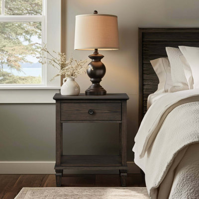 1-Drawer Nightstand With Shelf - Wire-Brushed Aged Oak Finish, Classic Design, Wood Legs
