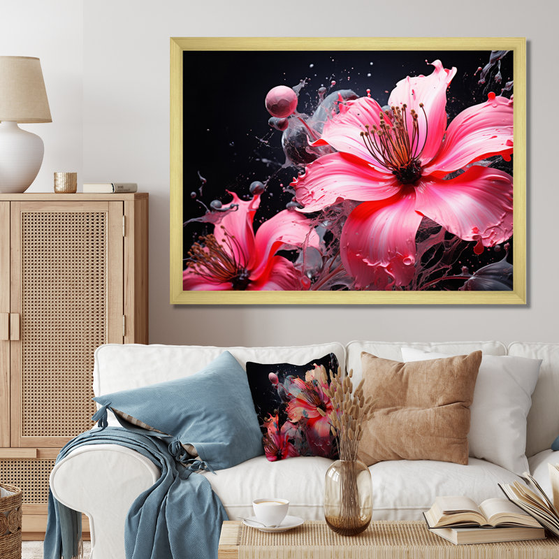 " Pink Black Botanical Symphony ", 16" H x 32" W x 1" D, Gold Picture Framed
