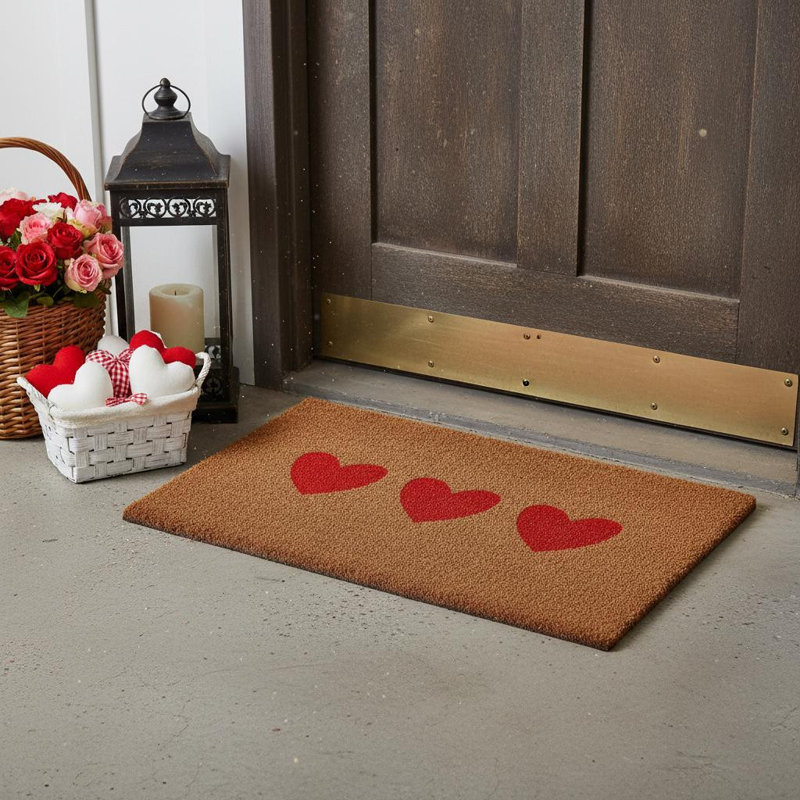 12" X 24" Brown And Red Three Hearts Outdoor Coir Door Mat