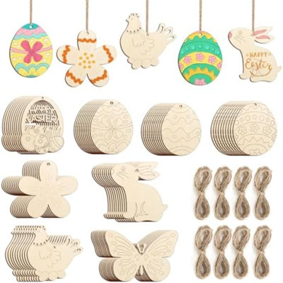 80PCS Wooden Easter Ornaments To Paint, 8 Styles DIY Blank Unfinished Wood Cutouts Ornament For Crafts Hanging Decorations, Egg Rabbit Bunny Butterfly Flower Hen Happy Easter