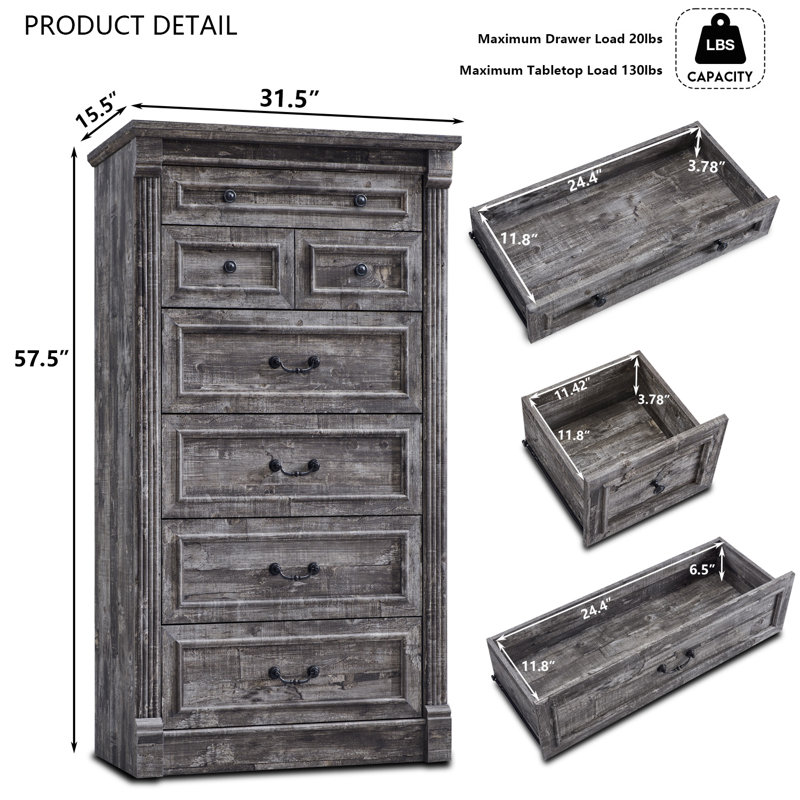 Burlington Farmhouse 7 Drawers Dresser for Bedroom, 57" Tall Large Dressers & Chests of Drawers w/Roman Column, Gray