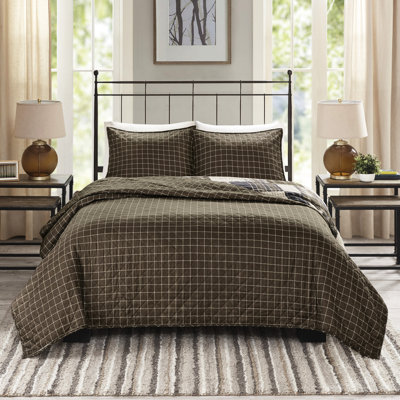 Full/queen Size Quilt - Black/brown Reversible, Pieced Border, Zipper Closure, Machine Wash 3 Piece Bedroom Black/brown, Microfiber Fabric, Warm Cabin Look