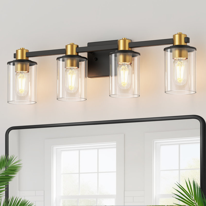 Luminaire de salle de bain 4 lumières or noir, applique murale à abat-jour en verre transparent pour salle de bain, miroir ou couloir