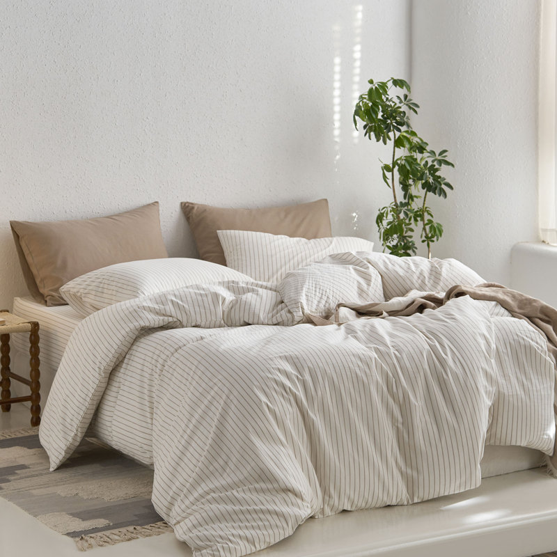 MooMee Striped Duvet Cover Set 100% Washed Cotton Linen Like Textured, Wide Stripes - White/Tannish Linen Gray