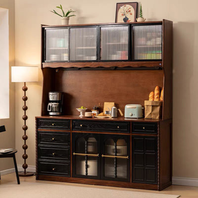 Brown+Black Solid Wood+Glass Sideboard