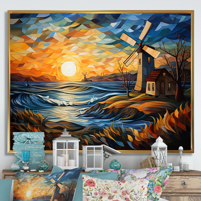 Windmill Sunset Coastal Breeze I - Wind Turbines, art mural, H 34 po x l 44 po x P 1,5 po, Cadre flottant doré