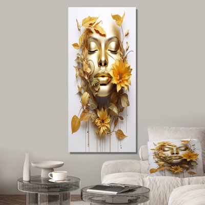 Portrait de femme blanche et dorée avec feuilles III - mode femme, art mural