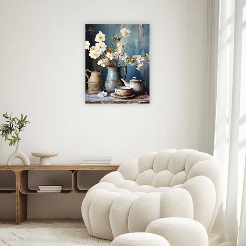 «White Blossoms», reproduction d'art sur toile bleu antique, art mural de qualité supérieure pour le salon, 32 x 24 po