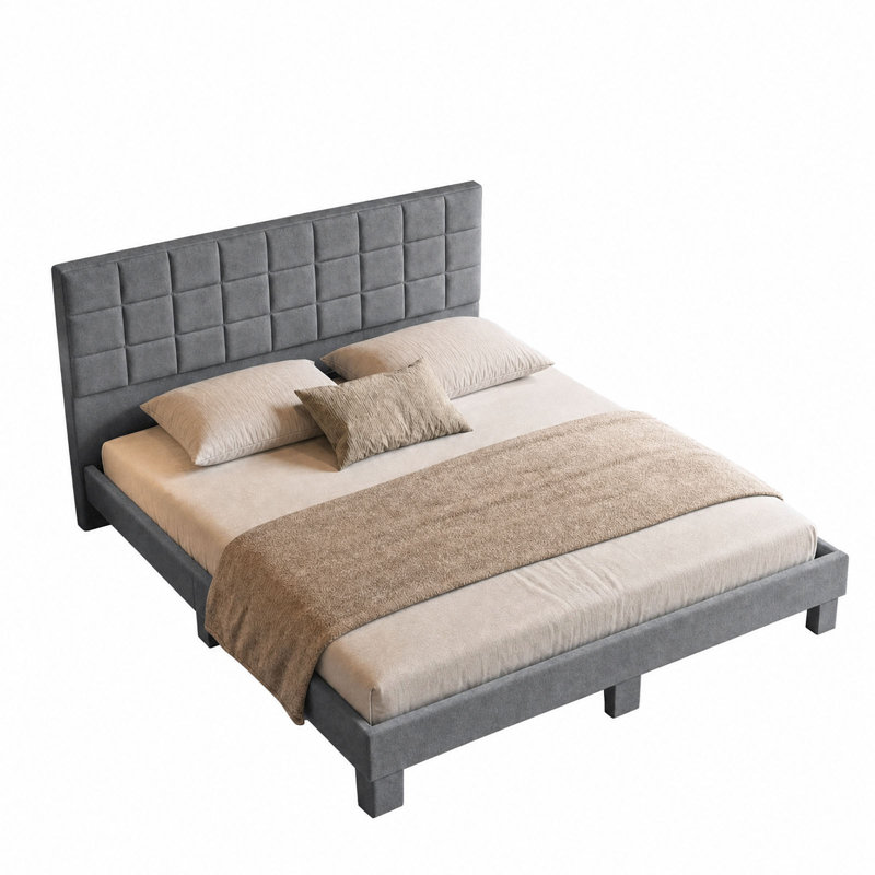 Très grande base de lit tapissier capitonné très grand King, tissu de lin, gris clair