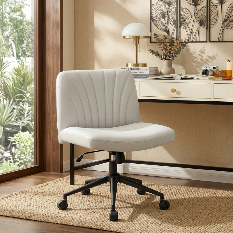 Wheeled Wide Seat Leisure Office Chair,Criss Cross Desk Chair, Armless Cross Legged Office Chair With Wheels,Height Adjustable For Bedroom/Makeup (Beige)