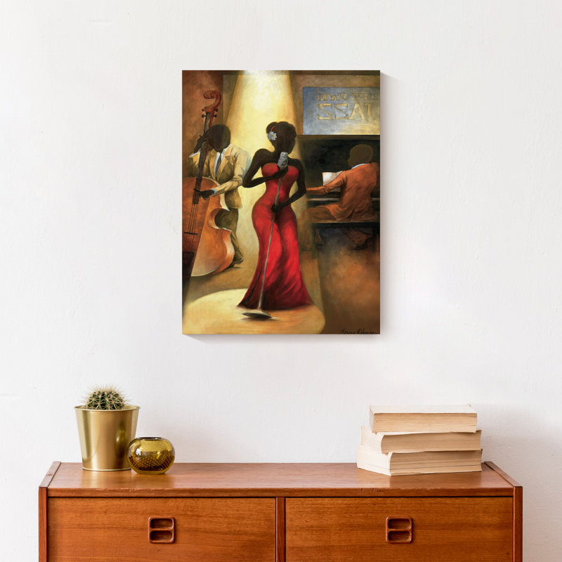 Chanteuse de jazz en rouge sur toile, H 37,75 po x l 25,75 po x P 1,75 po, Cadre flottant noir