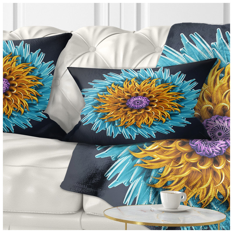 Yellow Blue Abstract 3D Flower - Floral Printed Throw Pillow