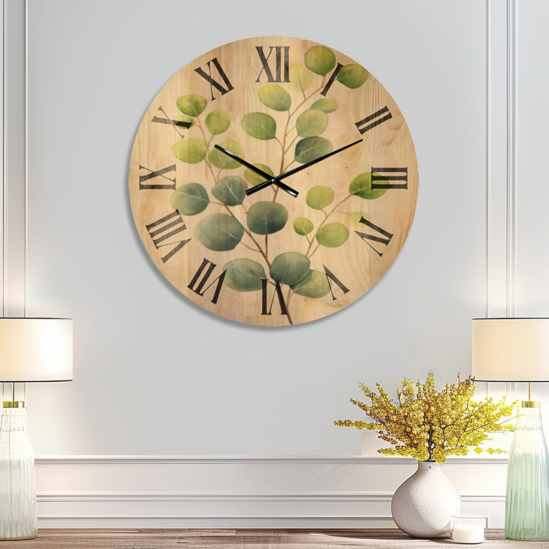 Horloge murale en bois vert - Branches d'eucalyptus aquarelle, Medium