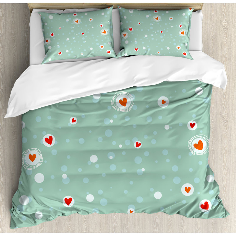 Ensemble de housse de couette image de fond turquoise à cercles abstraits esquissés avec coeurs, Grand