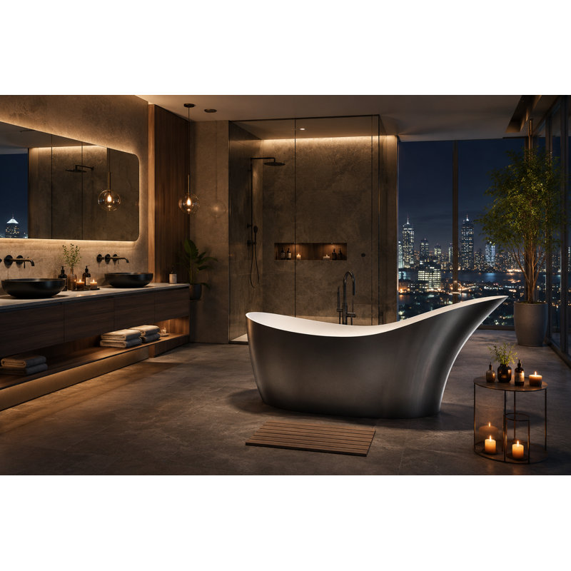 Baignoire autoportante asymétrique en argent vieilli 67,3 po x 29,7 po Vast Studio, Argent vieilli / blanc