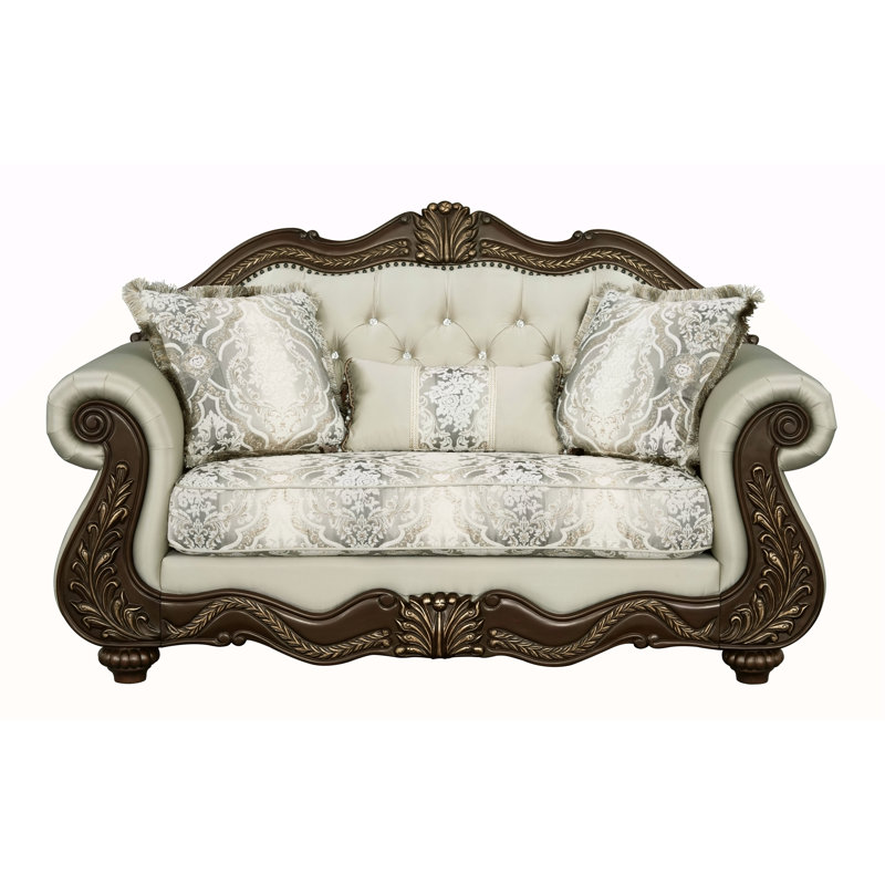 Causeuse Pierce en tissu beige et cerisier avec 3 coussins