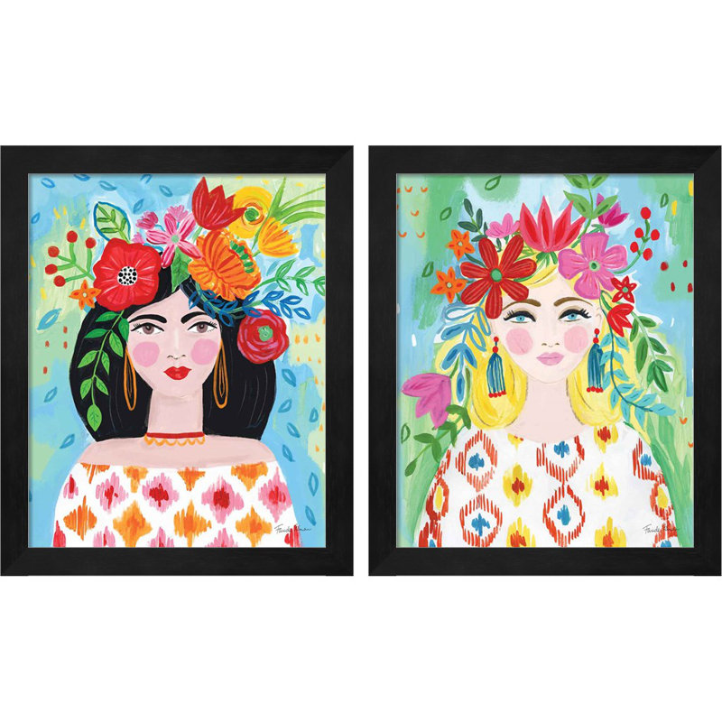 Boho Girl I & II Framed On Paper 2 Pieces by Farida Zaman
