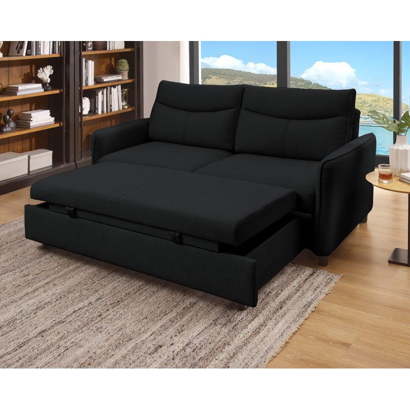 Firm round Arms Sleeper Sofa 3 in 1 Convertible Sleeper Sofa Bed with Pull Out Bed, Black Fabric, 37.5" H x 74.5" W x 37.5" D