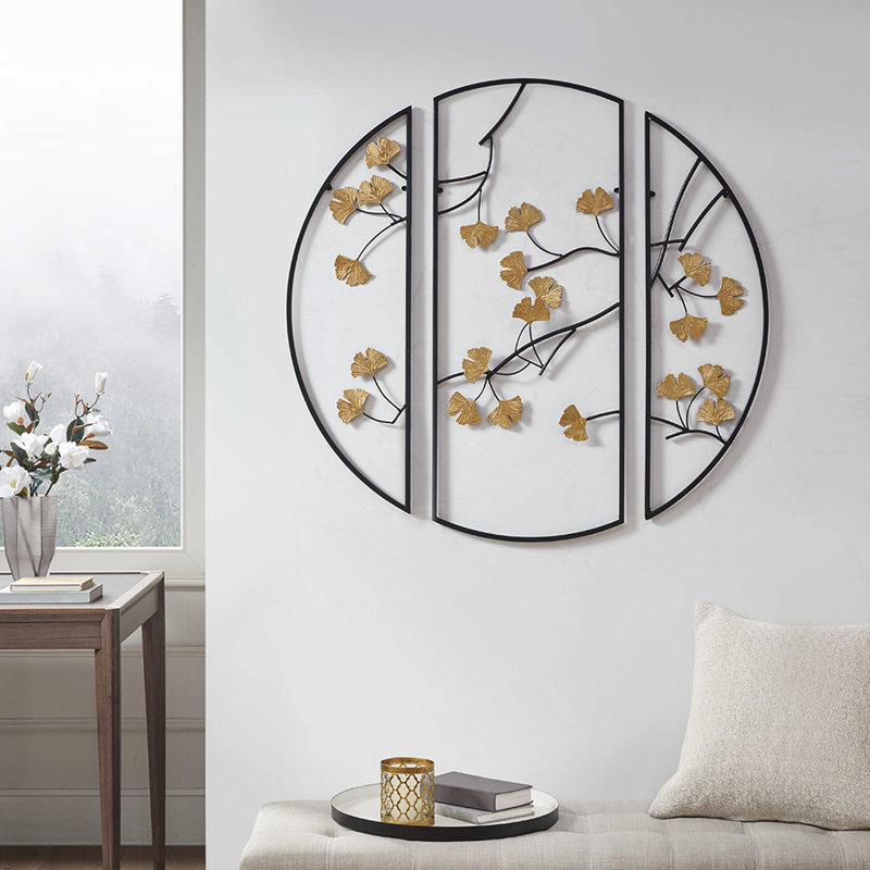 3 décorations murales en métal avec des feuilles de ginkgo dorées au design noir