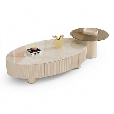 Modern 2-Piece Nesting Coffee Table Set With Sintered Stone Top, Fluted Base And Solid Wood Storage Drawer, Off-White/Gold