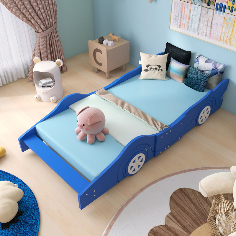 87'' Twin Size Race Car-Shaped Platform Bed With Wheels, Blue