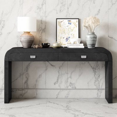 60" Console Table with Burl Veneer – Wooden Entryway/Sofa Table with 2 Large Drawers & Metal Handles – Sturdy Floor-Length Legs for Living Room, Foyer, Hallway, Office