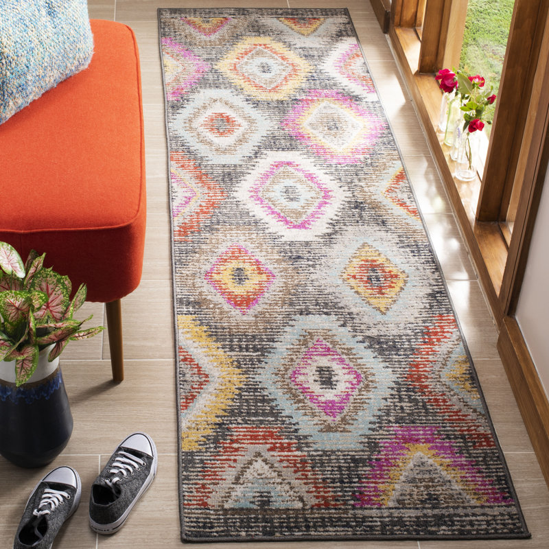 Leto Hooked Grey/Rose Indoor/Outdoor Rug, Runner 69 x 244 cm