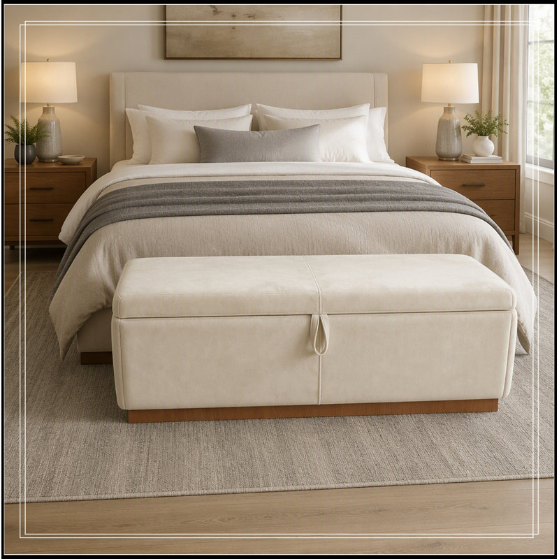 Stéphanie revêtue de velours avec rangement à couvercle rabattable, Beige