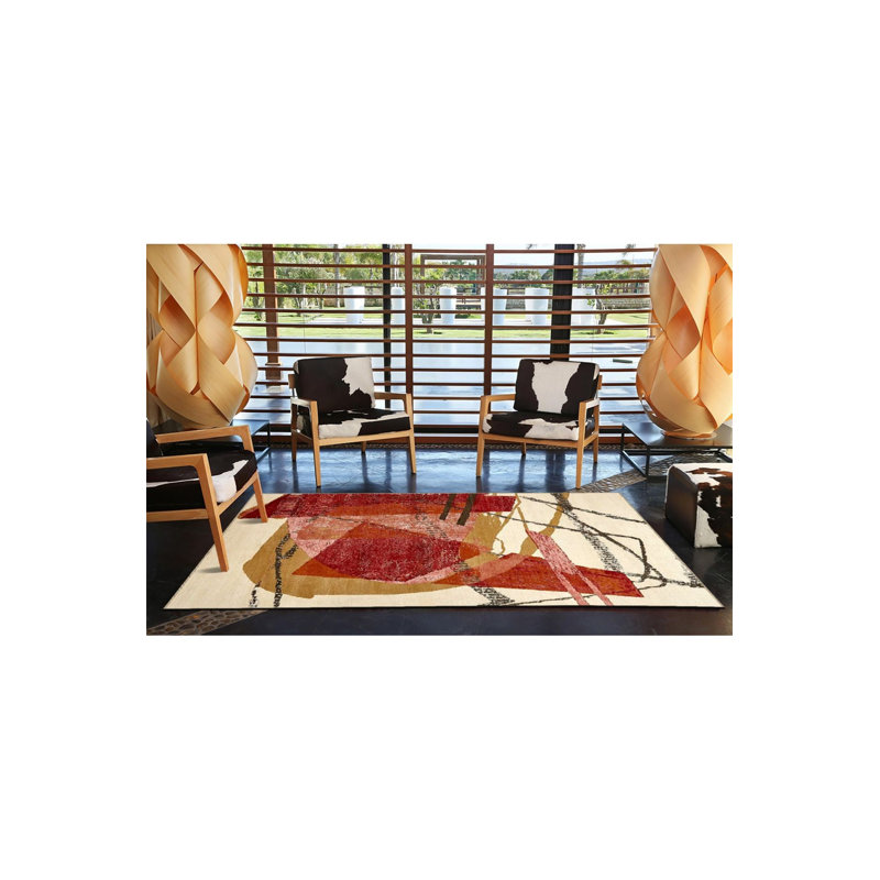 Red Themed Mixed Abstract Patterned Fringed Modern Decorative Rug Machine Washable, Square 3'3" Rug Pad Included