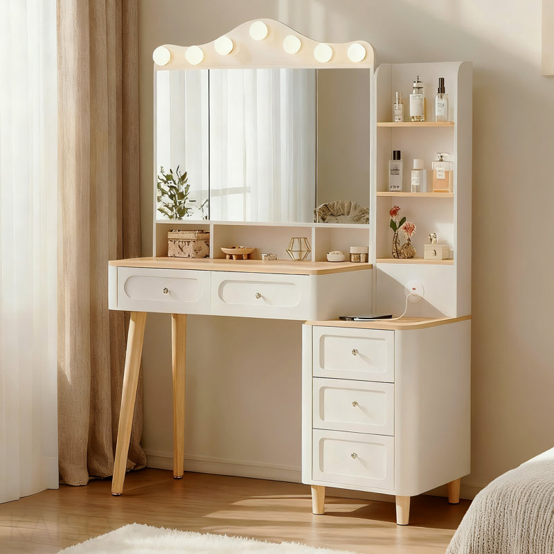 Bureau de meuble-lavabo avec miroir et lumières, meuble-lavabo de maquillage avec 2 barres d'alimentation USB, ensemble de meuble-lavabo avec deux tiroirs et commode à trois tiroirs, 3 modes d'éclairage à luminosité réglable, miroir pliable à trois côtés (blanc)