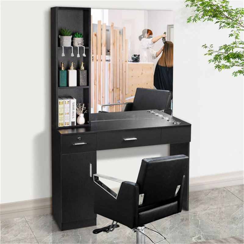 Wall Mount Barber Station With 2 Drawers 1 Storage Cabinet 3 Open Shelves With Mirror, Black