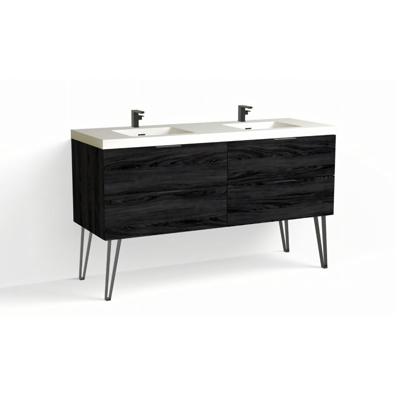 Avila 60" W Freestanding Double Bathroom Vanity with Dawson Leg, Matte White/Single, Charred, Matte Black