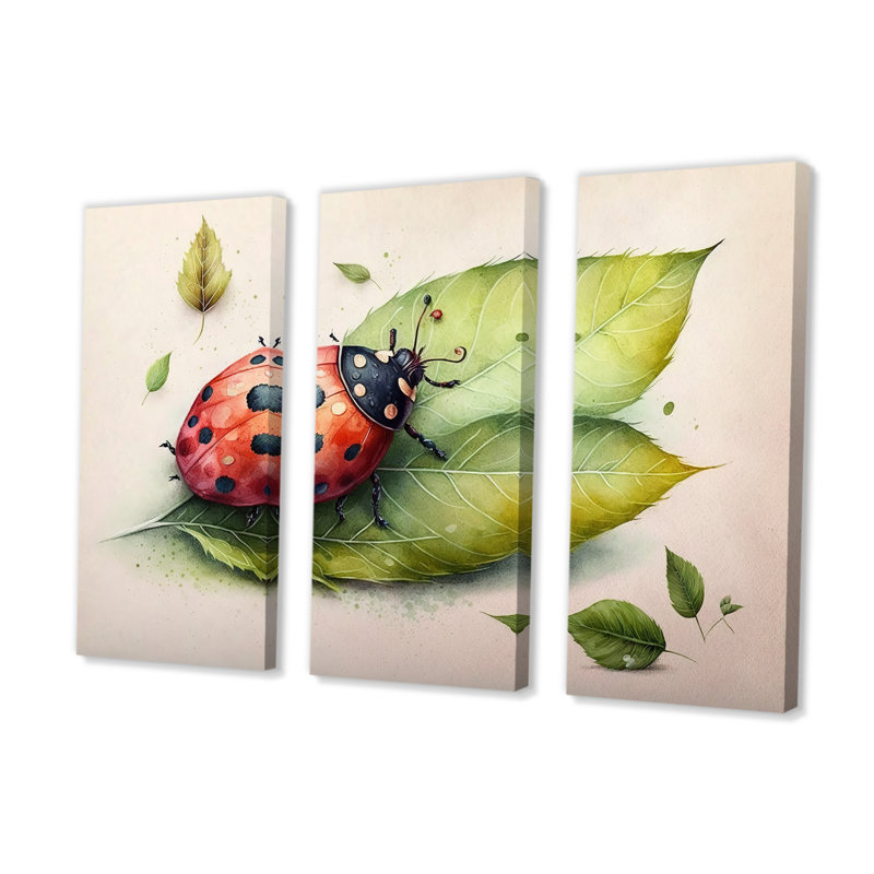«Ladybug On A Leaf», reproduction sur toile 3 pièces, H 28 po x l 36 po x P 1 po, Toile tendue