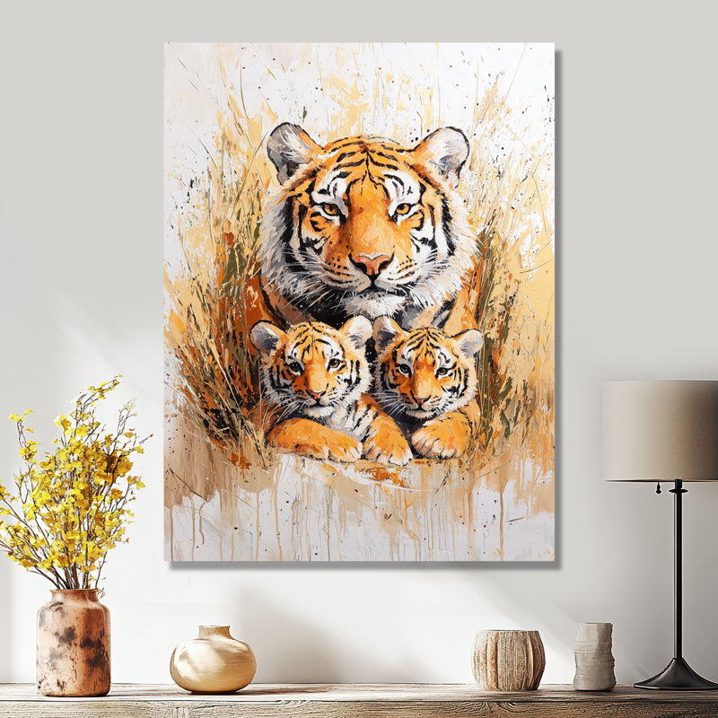 Famille de tigres dans la forêt tropicale - animaux, impression murale en métal, H 44 po x l 34 po