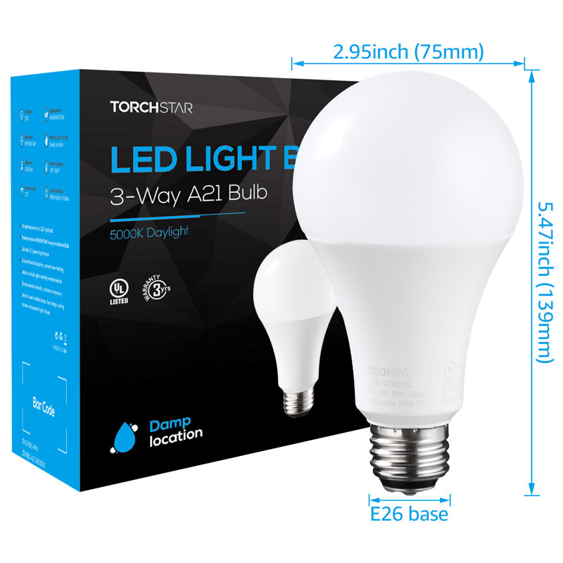 3 Way A21 LED Light Bulbs, 40/60/100W Equivalent, E26 Medium Screw Base, 5000K Daylight