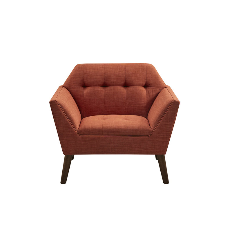 Lounge Chair With Arm Support, Mid Century Modern Design, Button , Solid Wood Legs In Pecan, 37"W X 29.5"D 31.5"H Chair, Upholstery, Comfortable , Pecan Legs,