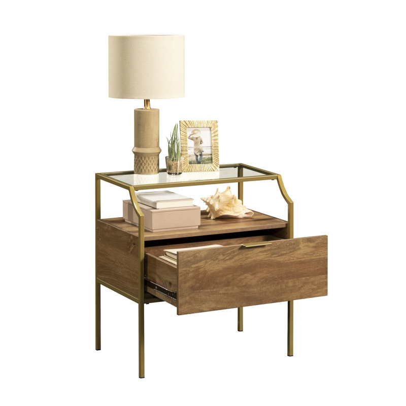 Engineered Wood Contemporary Night Stand With Upper Glass Shelf, Brown
