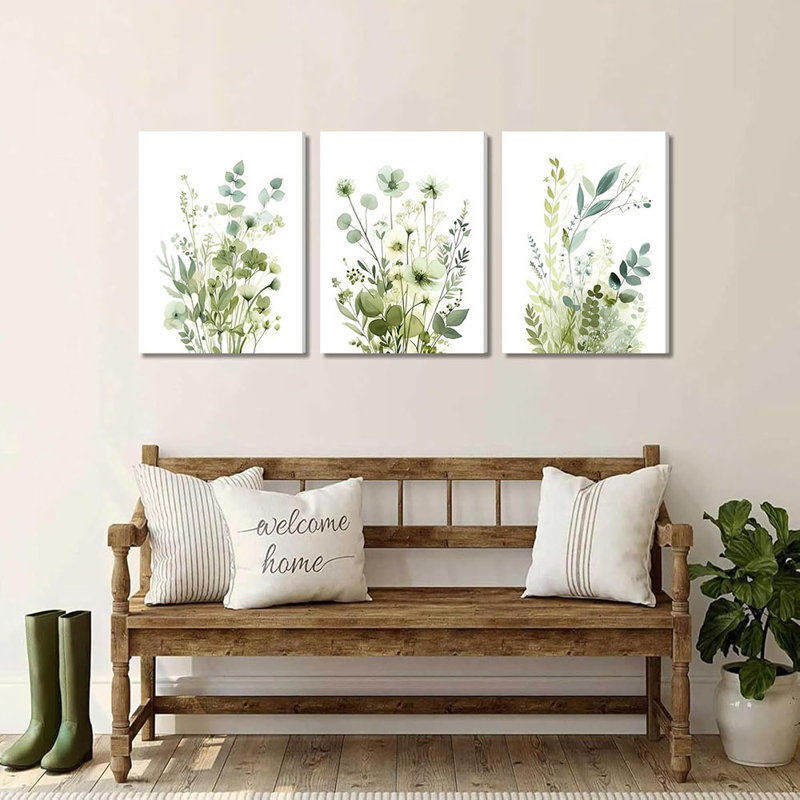 Boho Floral Canvas Wall Art Set Of 3, Sage Green Wildflower Botanical Wall Decor Painting, Minimalist Watercolor Flowers Posters Prints For Bedroom Bathroom Living Room Framed