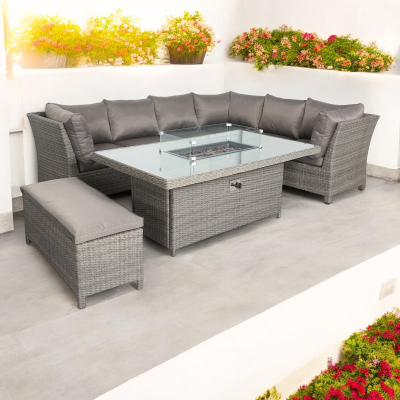 PARIS 7pc Deluxe Modular Corner Dining Set 2pc LH / RH Sofa, 1pc Corner Chair, 1pc Middle Chair & 1 Bench with 170x100cm Firepit Table