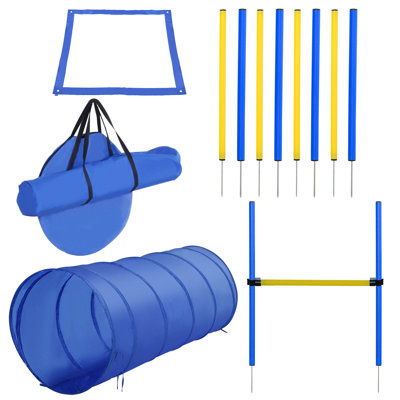 Dog Agility Training Course 23.5" L x 23.5" W x 58.25" H Polyester 4 Pieces Obstacle Set Blue Jump Hurdle Tunnel Pause Box Weave Poles with Carrying Bag