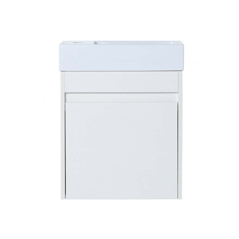 Meuble-lavabo mural 18 po avec lavabo en résine blanche et porte d'armoire à fermeture en douceur 18 po, Grain droit blanc